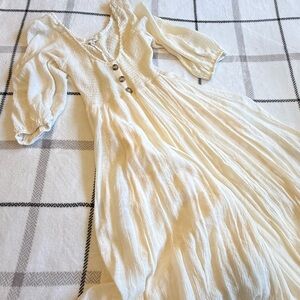 Cream Button-Front Smocked Dress